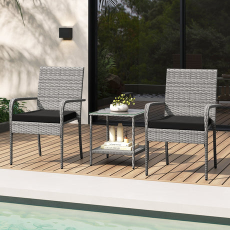 Juego de muebles de patio de 3 piezas con cojines de asiento y mesa con cubierta de vidrio templado para balcón