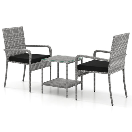 Juego de muebles de patio de 3 piezas con cojines de asiento y mesa con cubierta de vidrio templado para balcón