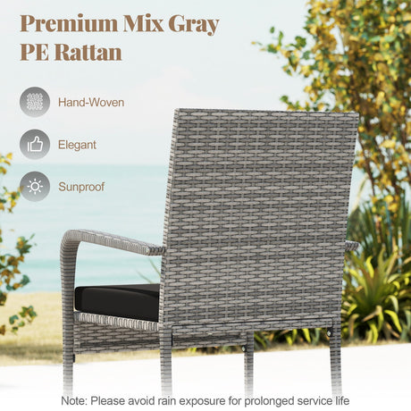 Juego de muebles de patio de 3 piezas con cojines de asiento y mesa con cubierta de vidrio templado para balcón