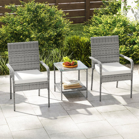 Juego de muebles de patio de 3 piezas con cojines de asiento y mesa con cubierta de vidrio templado para balcón