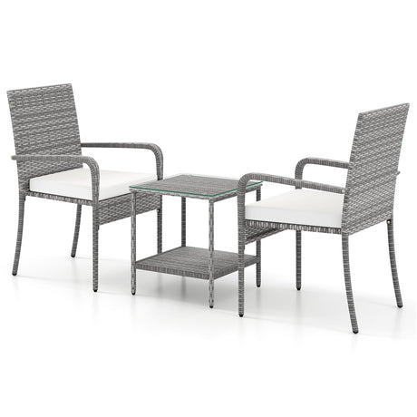 Juego de muebles de patio de 3 piezas con cojines de asiento y mesa con cubierta de vidrio templado para balcón