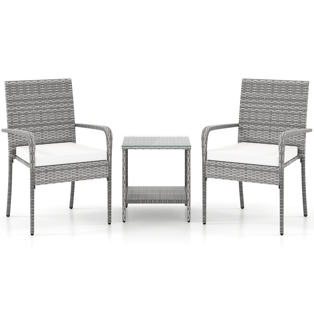 3 Piece Patio Furniture Set with Seat Cushions and Tempered Glass Tabletop for Balcony
