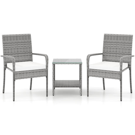 Juego de muebles de patio de 3 piezas con cojines de asiento y mesa con cubierta de vidrio templado para balcón