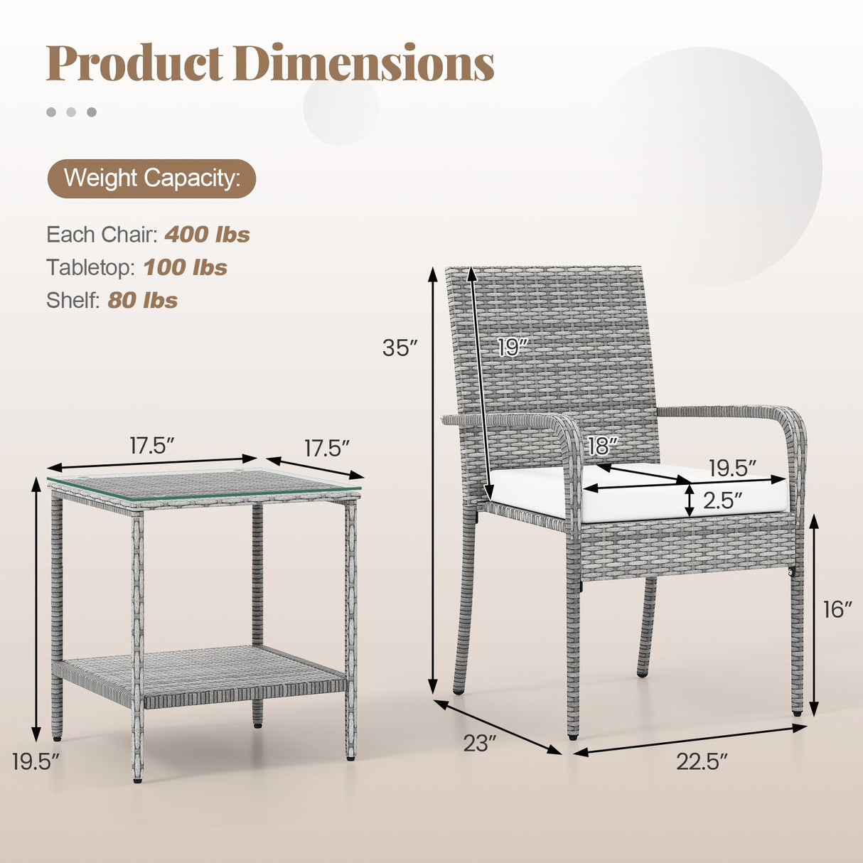 3 Piece Patio Furniture Set with Seat Cushions and Tempered Glass Tabletop for Balcony