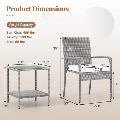 Juego de muebles de patio de 3 piezas con cojines de asiento y mesa con cubierta de vidrio templado para balcón
