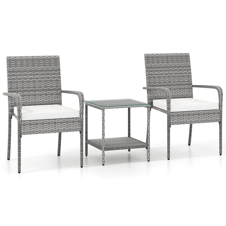 Juego de muebles de patio de 3 piezas con cojines de asiento y mesa con cubierta de vidrio templado para balcón