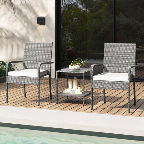 Juego de muebles de patio de 3 piezas con cojines de asiento y mesa con cubierta de vidrio templado para balcón