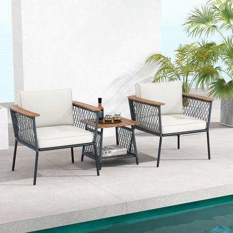 Juego de muebles de patio de 3 piezas, juego de sillas de ratán con mesa de centro de 2 niveles - Blanco