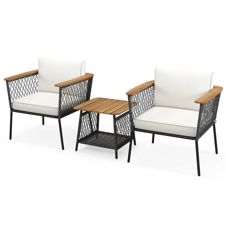Juego de muebles de patio de 3 piezas, juego de sillas de ratán con mesa de centro de 2 niveles - Blanco