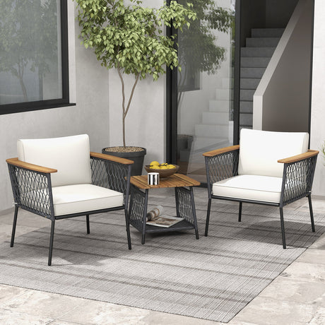 Juego de muebles de patio de 3 piezas, juego de sillas de ratán con mesa de centro de 2 niveles - Blanco