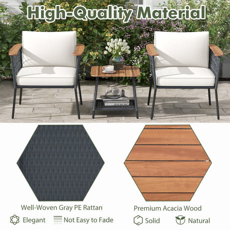 Juego de muebles de patio de 3 piezas, juego de sillas de ratán con mesa de centro de 2 niveles - Blanco