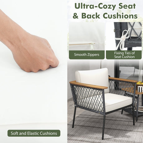 Juego de muebles de patio de 3 piezas, juego de sillas de ratán con mesa de centro de 2 niveles - Blanco