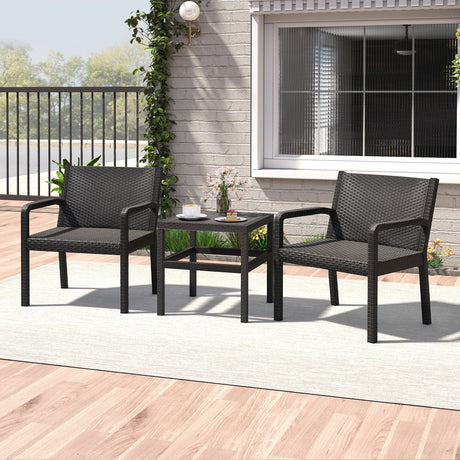 Juego de Muebles de Patio de 3 Piezas con 2 Modernas Butacas de Ratan y Mesa Lateral Cuadrada de 25 Pulgadas-Negro