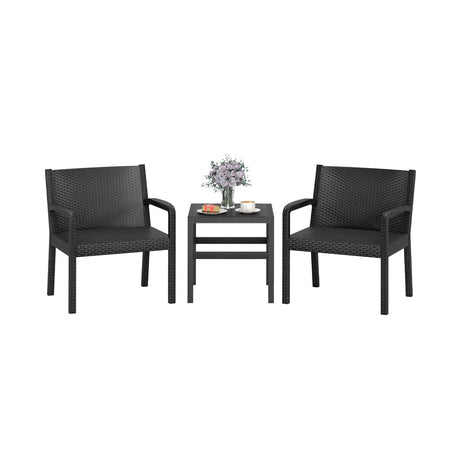 Juego de Muebles de Patio de 3 Piezas con 2 Modernas Butacas de Ratan y Mesa Lateral Cuadrada de 25 Pulgadas-Negro