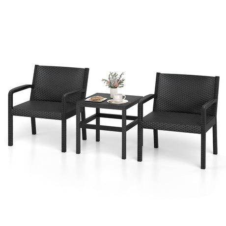 Juego de Muebles de Patio de 3 Piezas con 2 Modernas Butacas de Ratan y Mesa Lateral Cuadrada de 25 Pulgadas-Negro