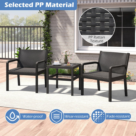 Juego de Muebles de Patio de 3 Piezas con 2 Modernas Butacas de Ratan y Mesa Lateral Cuadrada de 25 Pulgadas-Negro