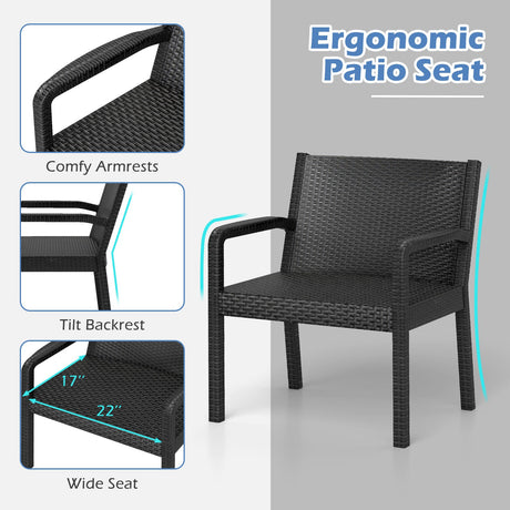 Juego de Muebles de Patio de 3 Piezas con 2 Modernas Butacas de Ratan y Mesa Lateral Cuadrada de 25 Pulgadas-Negro