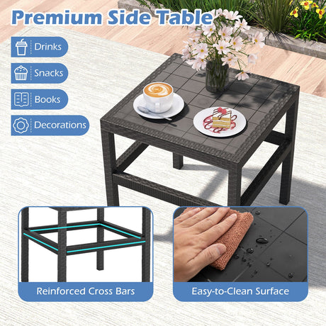 Juego de Muebles de Patio de 3 Piezas con 2 Modernas Butacas de Ratan y Mesa Lateral Cuadrada de 25 Pulgadas-Negro