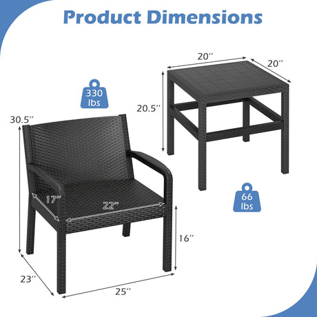 Juego de Muebles de Patio de 3 Piezas con 2 Modernas Butacas de Ratan y Mesa Lateral Cuadrada de 25 Pulgadas-Negro