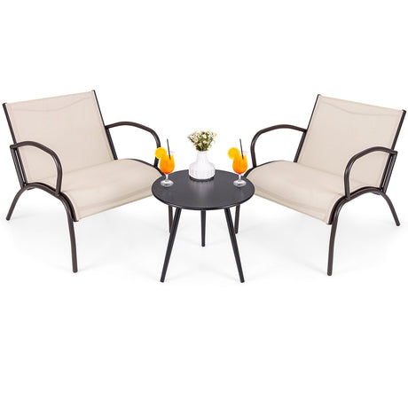 Juego de 3 piezas de sillones anchos y mesa de metal y aluminio para patio - Marrón rústico