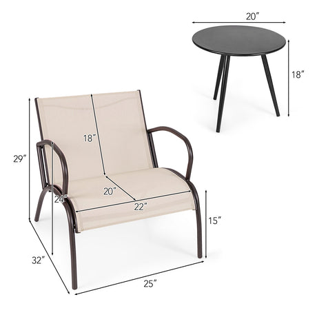 Juego de 3 piezas de sillones anchos y mesa de metal y aluminio para patio - Marrón rústico