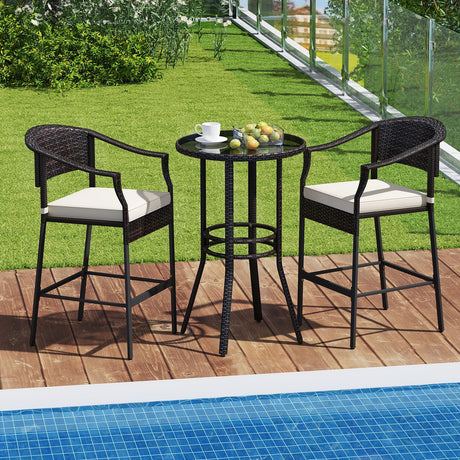 Juego de barra de ratán de 3 piezas para patio con superficie de vidrio templado para piscina de jardín