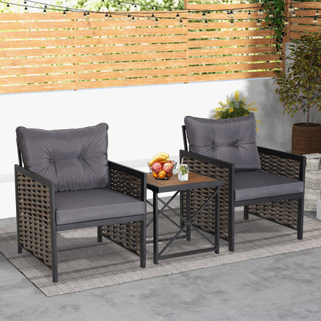 Juego de muebles de patio de ratán de 3 piezas con tablero de mesa de madera de acacia