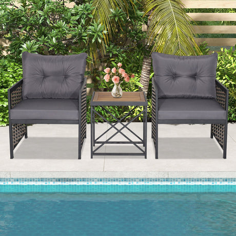 Juego de muebles de patio de ratán de 3 piezas con tablero de mesa de madera de acacia