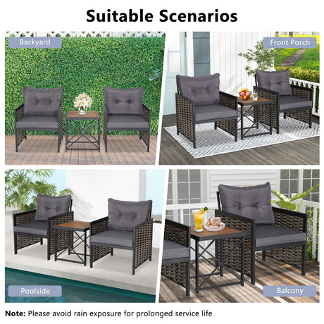 Juego de muebles de patio de ratán de 3 piezas con tablero de mesa de madera de acacia