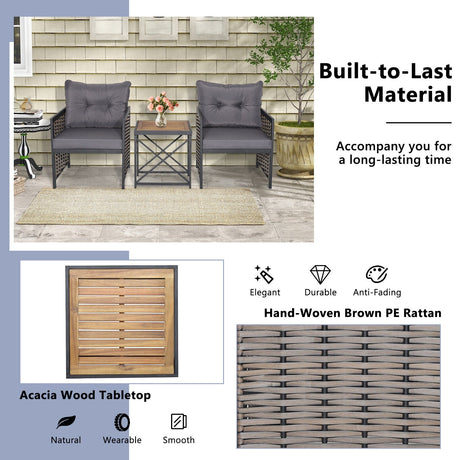Juego de muebles de patio de ratán de 3 piezas con tablero de mesa de madera de acacia