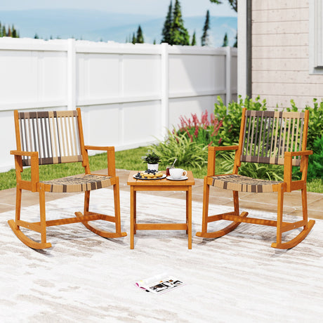 Juego de 3 Piezas de Mecedoras para Patio, de Madera de Acacia, con Asiento y Respaldo de Ratán