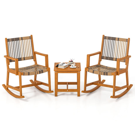 Juego de 3 Piezas de Mecedoras para Patio, de Madera de Acacia, con Asiento y Respaldo de Ratán