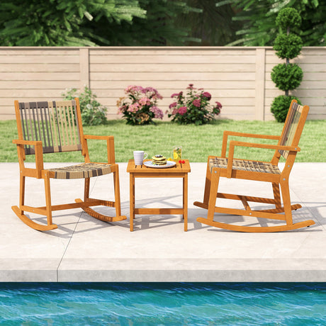 Juego de 3 Piezas de Mecedoras para Patio, de Madera de Acacia, con Asiento y Respaldo de Ratán