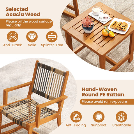 Juego de 3 Piezas de Mecedoras para Patio, de Madera de Acacia, con Asiento y Respaldo de Ratán