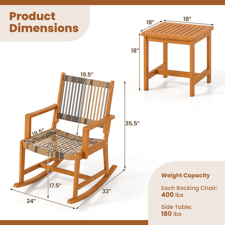 Juego de 3 Piezas de Mecedoras para Patio, de Madera de Acacia, con Asiento y Respaldo de Ratán