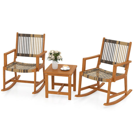 Juego de 3 Piezas de Mecedoras para Patio, de Madera de Acacia, con Asiento y Respaldo de Ratán