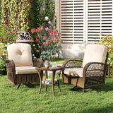 3 Piece Patio Swivel Rocker Set with Tempered Glass Side Table and Thick Cushions