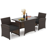 Juego de comedor de mimbre para patio de 3 piezas con mesa de comedor rectangular de vidrio templado - Marrón