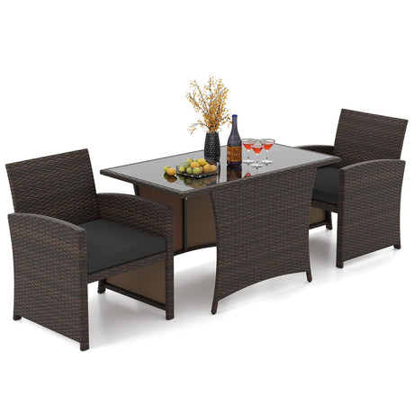 Juego de comedor de mimbre para patio de 3 piezas con mesa de comedor rectangular de vidrio templado - Marrón