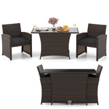 Juego de comedor de mimbre para patio de 3 piezas con mesa de comedor rectangular de vidrio templado - Marrón