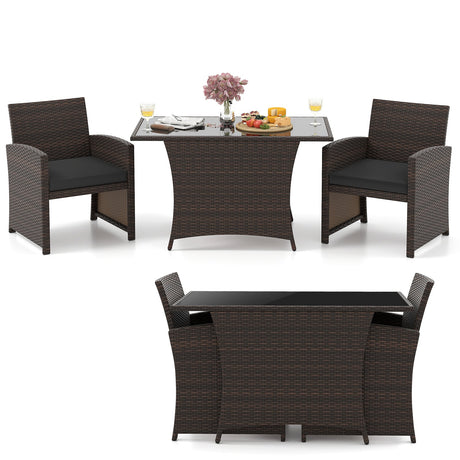 Juego de comedor de mimbre para patio de 3 piezas con mesa de comedor rectangular de vidrio templado - Marrón