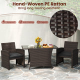 Juego de comedor de mimbre para patio de 3 piezas con mesa de comedor rectangular de vidrio templado - Marrón