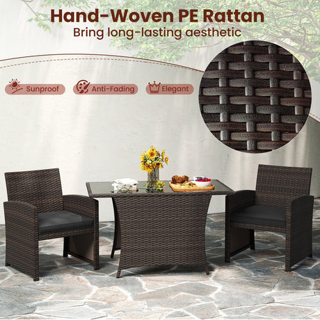 Juego de comedor de mimbre para patio de 3 piezas con mesa de comedor rectangular de vidrio templado - Marrón