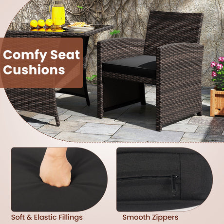 Juego de comedor de mimbre para patio de 3 piezas con mesa de comedor rectangular de vidrio templado - Marrón