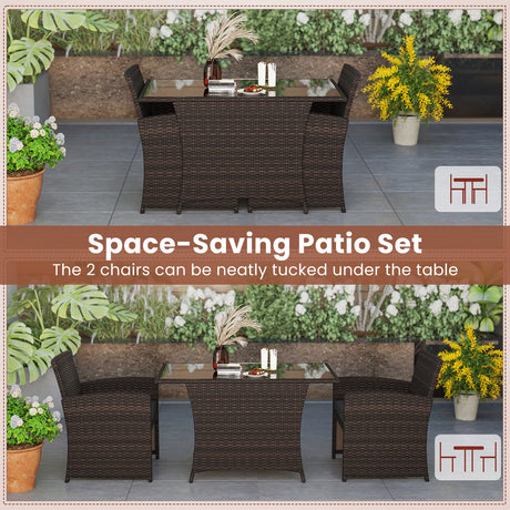 Juego de comedor de mimbre para patio de 3 piezas con mesa de comedor rectangular de vidrio templado - Marrón