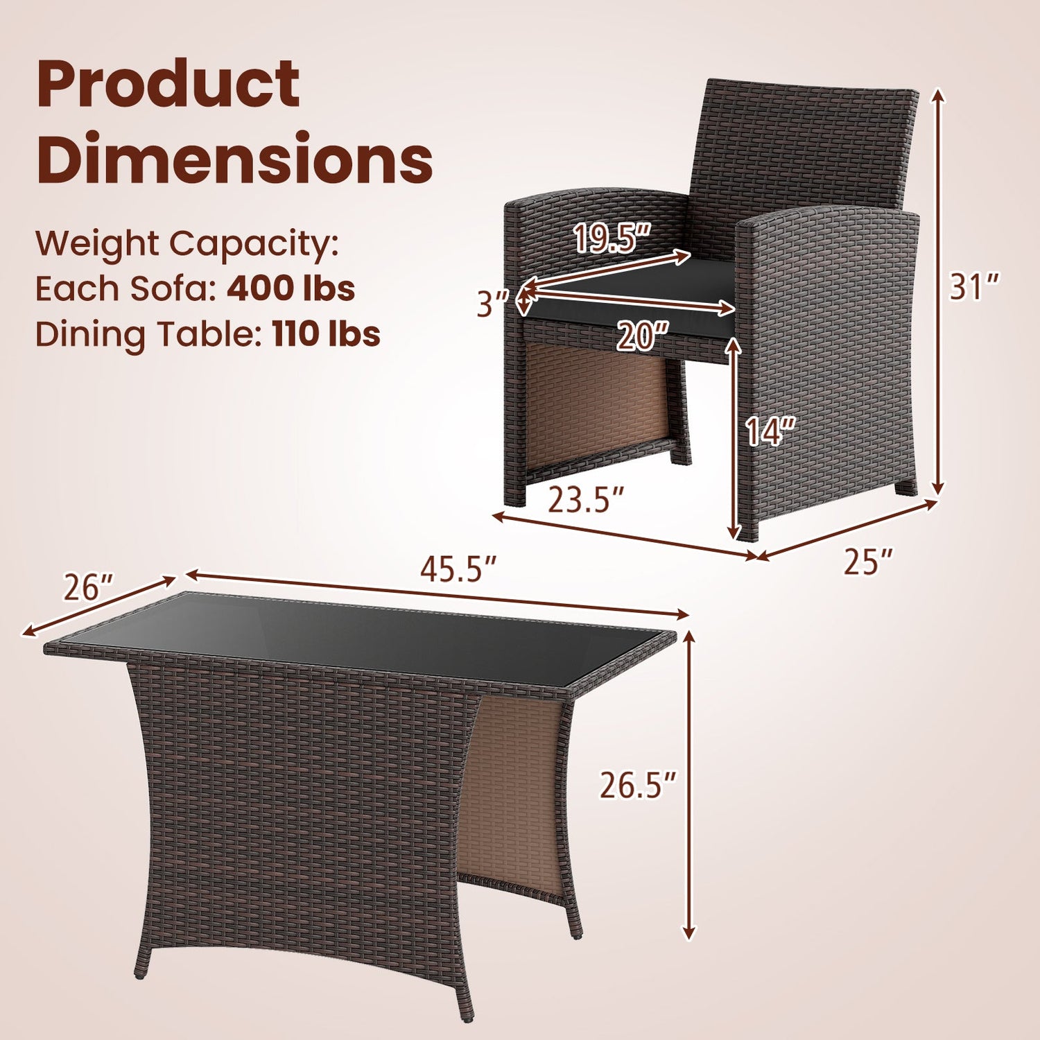 Juego de comedor de mimbre para patio de 3 piezas con mesa de comedor rectangular de vidrio templado - Marrón