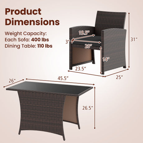 Juego de comedor de mimbre para patio de 3 piezas con mesa de comedor rectangular de vidrio templado - Marrón