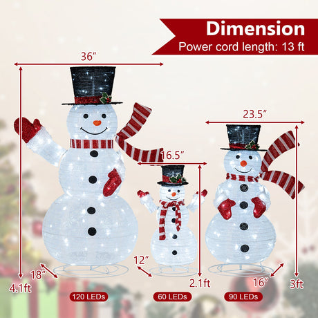 Set de 3 muñecos de nieve 3D preiluminados con 270 luces LED