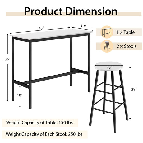 Juego de comedor de 3 piezas con mesa de bar y taburetes para cocina
