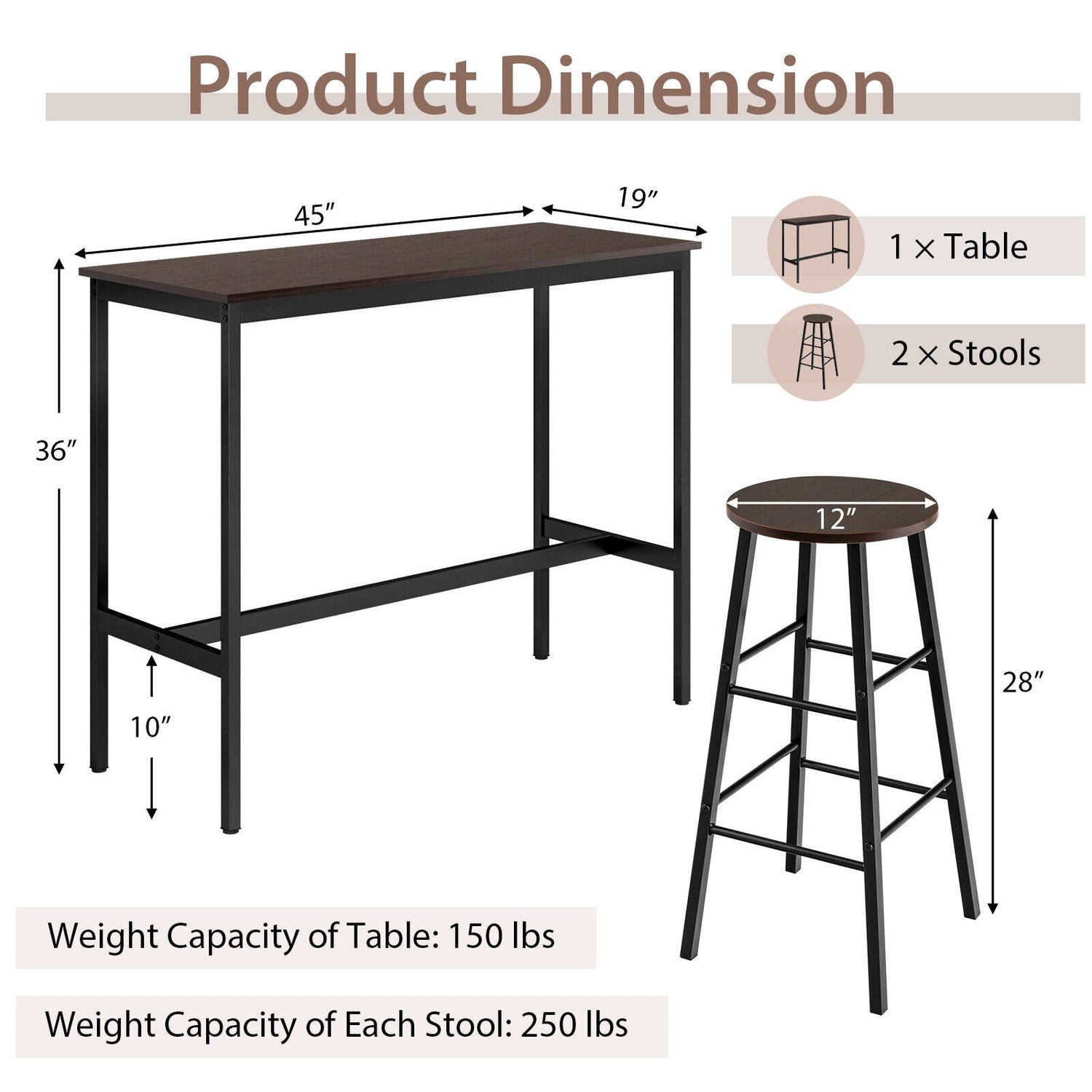 3 Piece Pub Table and Stools Kitchen Dining Set